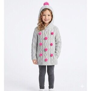 Mini Boden Size 4-5 Cable Knit Pink Pom Pom Chunky Gray Hooded Sweater Pockets